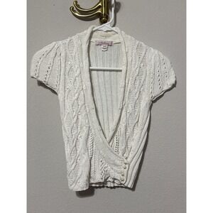 Intuitions Cable Knit Cardigan Womens XS Cream Pearl Wrap Short Sleeve Y2K Top